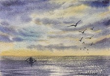 Original Artwork Modern Painting Landscape LONELY FISHERMAN BOAT Seascape GiftA5