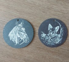 2x Vintage Welsh Slate Small Wall Hanging Round Picture Tile 1x Horse 1x Fox Cub