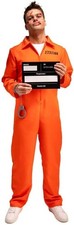 Wicked Orange Convict Prison Jumpsuit + ID Board & Handcuffs Men's Fancy Costume