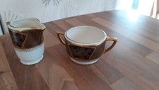 SOHO POTTERY AMBASSADOR WARE SUGAR BOWL & MILK JUG - WHITE/GOLD/BLACK VGC