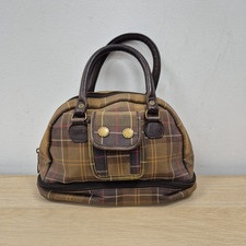 Barbour Brown Leather Cotton Tartan Country Races Utility Small Handbag Bag