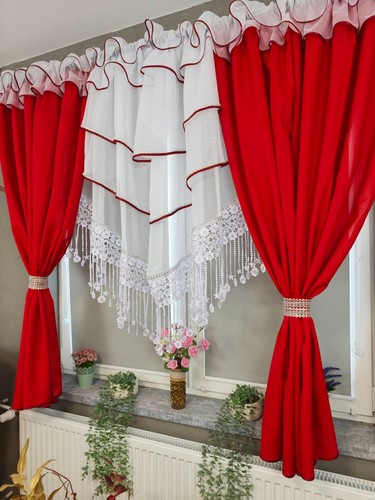 Red white voile curtain - white,