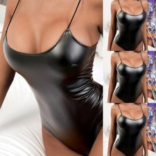 Bodycon Leotard Women Bodysuit Wet-Look Black Faux Leather PVC Fashion