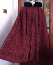 Vtg 50s 60s Wool Mix Boucle Hooded Cape Size M rabbit fur trim does 40s