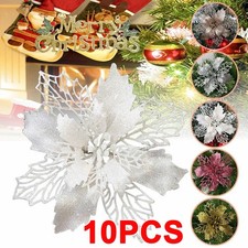 10X Christmas Large Poinsettia Glitter Flower Tree Hanging Xmas Party Decor UK