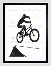 PAINTING SPORT BMX BIKE BICYCLE JUMP AIR RAMP BLACK WHITE FRAMED PRINT B12X8369
