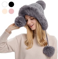 Women's Faux Fur Knitted Bobble Beanie Hat Pom Ball Cossack Skiing Cap Furry