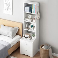 Modern White Bedroom Tall Side Etagere Nightstand Drawer Cabinet Bedside Cabinet
