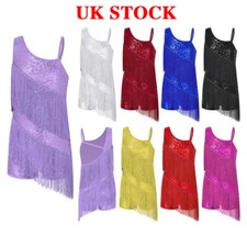 UK Kids Girls Sequins Tassel Rumba Latin Tango Dance Leotard Performance Costume