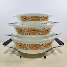 Vintage  Pyrex  Sunflower Marigold Casserole Dishes Set (Missing One Lid)