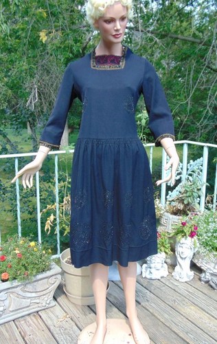 Vtg 1920s homemade navy beaded - vtg,