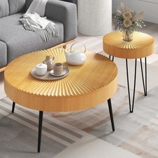 Set of 2 Farmhouse Round Coffee Tables Solid Wood Rustic Living Room Furniture