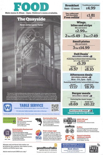 Wetherspoons bar menu - wetherspoons, menu's