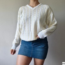 vintage 90s stripe pastel knit jumper mens L retro grandad boho casual yellow