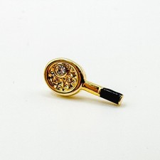 Vintage Tennis Raquet Pin Badge Brooch Lapel Gold Tone Badminton Diamante