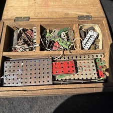 Vintage Old Vintage Metal Toy Meccano Set Wooden Box