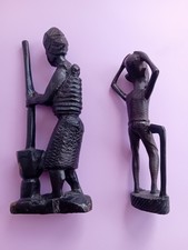 2 Vintage African Hand Carved Solid Wooden Figurines Afican Woman & Man Tribal