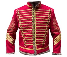 Mens Red Hussar Jacket Napoleonic Scottish Military Uniform Tunic Pelisse Jacket