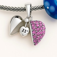 21st Birthday Pink Crystal Heart Bead for Charm Bracelets 925 Sterling Silver 21
