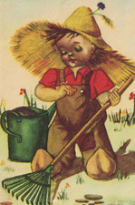 Vintage Dutch Postcard 1950s Child Gardener Illustration Watering Can Rake