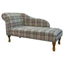Beige Tartan Chaise Longue Sofa Chair Handmade in Lana Latte Check Fabric UK