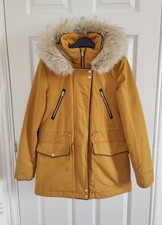 ZARA Trafaluc Parka Coat Yellow Mustard Size XS Water Resistant with Fur Hood
