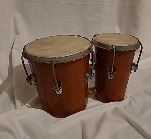 Vintage wooden bongos raw - bongos, raw-hide