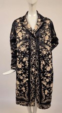ENCHANTING FLAPPER 1920’S RICH HAND EMB BLACK SILK COAT W FLORAL + BIRD MOTIFS