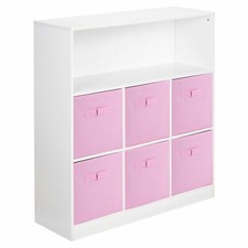 Wooden White 7 Cubed Cupboard Storage Unit Shelves 6 Light Pink Drawers Baskets