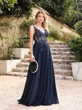 Satin&Noir Navy Blue Beaded A-Line Prom Dress Elegant Illusion Evening Gown