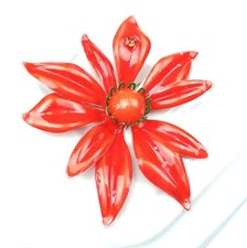 Vintage Orange Enamel Flower Brooch 1960s Hippie Statement Jewelry