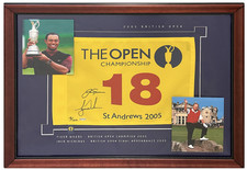 Tiger Woods / Jack Nicklaus Autographed Framed 2005 British Open Flag UDA LE 100