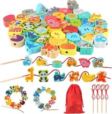 42Pcs Toddler Threading Toys, Wooden Montessori Toys for 3 Year Olds Girls Boys