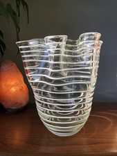 Large 1960’s Italian Glass Handkerchief Vase Clear / White Stripes 25cm tall VGC