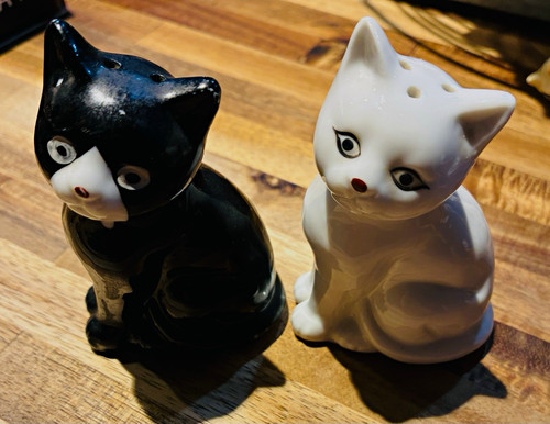 Black white cat ceramic salt - white,