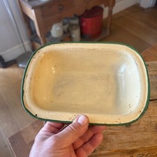 Vintage Cream Enamel Large Pie / Oven Baking Dish – Pale Blue Trim – Shabby! –