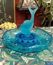 Large  Art deco Blue Glass Fish/ Flower bowl Centre Piece Vintage