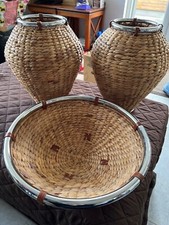 Set of 3 x Large Woven Basket & 2 Vases. Stainless Steel, Leather Rims. Stunning