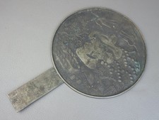 JAPANESE ANTIQUE SIGNED "IESHIGE" MEIJI OLD BRONZE HAND MIRROR KAGAMI KOKYO PLUM