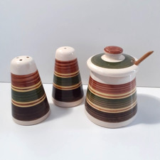 Dragon Rhayader Welsh Pottery Hand Painted Salt & Pepper Shakers & Mustard Pot