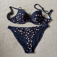 Superdry Bikini, Navy With Floral Pattern, Formed Cups Size 12, Bottoms Size 10