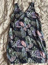 Next Uk 12 Linen Blend Shift Dress Blue Leaf Print V Neck Pockets
