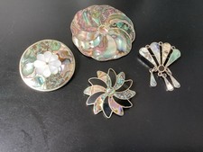 Four Vintage Mexican Silver Abalone Mother Of Pearl Brooches