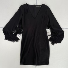 Zara Dress Medium Black Long Sleeve Knee Length Fring Tassled