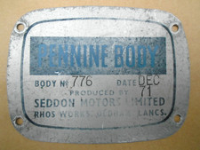 Seddon Motors Limited, Pennine Body makers plate. No. 776. December 1971.
