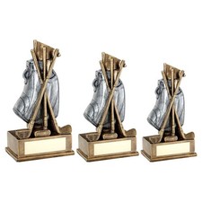 Golf Bag and Clubs Trophy Award Antique Silver Resin Free Engraving RF594-TD