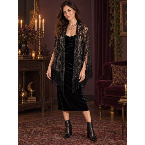 Black sequin beaded fringe - black,