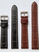 Alligator Calf Leather Watch Strap  Black/Brown White Stitching  S. Steel Buckle