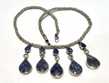 Vintage Afghan Hand Made Silver Tone Lapis Lazuli Pendant Necklace,47.5cm, A29