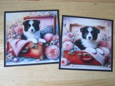 Set of 2  x BORDER COLLIE PUPPY IN A VINTAGE SUITCASE    Hand Made Card Toppers 
